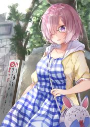 Rule 34 | 1girl, bag, between breasts, black-framed eyewear, blush, breasts, casual, character doll, collarbone, day, dress, fate/grand order, fate (series), fou (fate), glasses, hair over one eye, hood, hoodie, large breasts, light purple hair, mash kyrielight, mash kyrielight (senpai killer outfit), natsuki (ukiwakudasai), official alternate costume, open clothes, open hoodie, open mouth, outdoors, pink hair, plaid, plaid dress, purple eyes, satchel, short hair, smile, solo, standing, strap between breasts