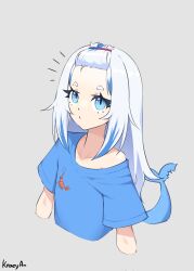 Rule 34 | 1girl, artist name, blue eyes, blue hair, blue shirt, closed mouth, commentary, cropped torso, dot mouth, dot nose, ebi-chan (gawr gura), english commentary, expressionless, fins, fish tail, forehead, gawr gura, grey background, highres, hololive, hololive english, kraeyan, long hair, multicolored hair, notice lines, shark girl, shark tail, shirt, short sleeves, sidelocks, simple background, solo, streaked hair, t-shirt, tail, upper body, virtual youtuber, white hair