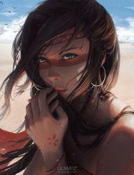 Rule 34 | 1girl, artist name, bare shoulders, bird, blue eyes, blue sky, brown hair, closed mouth, covering privates, covering breasts, day, desert, earrings, facial mark, fantasy, guweiz, hair over shoulder, hand to own mouth, headband, holding, holding hair, hoop earrings, horizon, ilya kuvshinov (style), jewelry, lips, lipstick, long hair, looking at viewer, makeup, nose, original, outdoors, photorealistic, realistic, red lips, sand, sky, solo, tattoo, text focus, upper body, watermark, web address