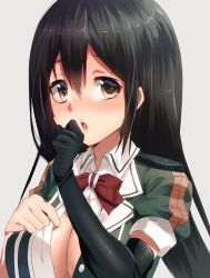 Rule 34 | 10s, 1girl, black gloves, black hair, blush, breasts, brown eyes, chikuma (kancolle), cleavage, elbow gloves, gloves, kantai collection, keita (tundereyuina), large breasts, long hair, looking at viewer, open clothes, open mouth, open shirt, shirt, simple background, solo