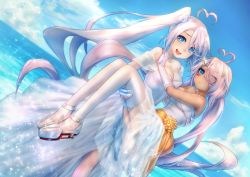 Rule 34 | 2girls, ahoge, alternate costume, azur lane, blue eyes, blue sky, blush, breasts, carrying, cleavage, closed mouth, cloud, commentary request, dark-skinned female, dark skin, day, dress, dutch angle, elbow gloves, expressionless, eyes visible through hair, facepaint, feet out of frame, full body, glint, gloves, hair between eyes, heart, heart-shaped pupils, heart ahoge, heterochromia, highres, horizon, indianapolis (azur lane), jewelry, large breasts, long hair, looking at viewer, multiple girls, open mouth, outdoors, partially fingerless gloves, pink hair, portland (azur lane), princess carry, ring, sash, see-through, see-through skirt, shinachiku (uno0101), siblings, side ponytail, sisters, skirt, sky, smile, strapless, strapless dress, symbol-shaped pupils, thighhighs, twintails, very long hair, water, wedding ring, white dress, white gloves, white hair, white thighhighs, yellow eyes, yellow sash