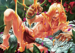 Rule 34 | 00s, 1boy, :p, animal, bandages, barefoot, blonde hair, claws, fangs, flower, hair over one eye, honey, jungle, loincloth, long hair, male focus, nature, oversized limbs, plant, pointy ears, rebasashi, scar, sexually suggestive, sharp teeth, topless male, solo, teeth, tengen toppa gurren lagann, tiger, tongue, tongue out, vines, viral (ttgl), white tiger