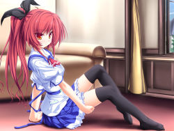 Rule 34 | 1girl, arm support, ascot, black thighhighs, blush, bow, couch, curtains, female focus, full body, hair bow, hand on thigh, highres, indoors, leg hold, legs, long hair, looking at viewer, magus tale, on floor, orange eyes, ponytail, puffy sleeves, red hair, school uniform, seera finis victoria, shadow, sitting, skirt, solo, tenmaso, thighhighs, uniform, wallpaper, window, zettai ryouiki