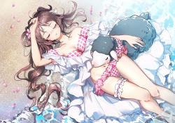 Rule 34 | 1girl, absurdres, animal, animal ears, arknights, bikini, blush, breasts, bridal garter, brown hair, chinese commentary, cleavage, closed eyes, collarbone, commentary request, eyjafjalla (arknights), eyjafjalla (summer flower) (arknights), feet out of frame, hand on another&#039;s head, hand on own head, highres, horns, long hair, looking at viewer, lying, medium breasts, morimori (14292311), navel, off-shoulder bikini, off shoulder, official alternate costume, on back, open mouth, petals, pink bikini, sand, sarong, sheep, sheep ears, sheep girl, sheep horns, soaking feet, solo, swimsuit, swimsuit cover-up, thigh strap, water, waves, white sarong