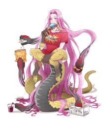 Rule 34 | 1girl, absurdly long hair, alternate costume, bad id, bad twitter id, bottomless, breasts, buster shirt, chips (food), claws, collarbone, commentary, doughnut, drinking, drinking straw, eating, eyes visible through hair, fate/grand order, fate (series), food, gorgon (fate), highres, large breasts, long hair, matching hair/eyes, medusa (fate), medusa (rider) (fate), monster girl, mubo7mubo4, popsicle, potato chips, purple eyes, purple hair, rider, scales, sharp teeth, shirt, snake, solo, t-shirt, tail, tail stand, teeth, very long hair