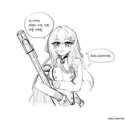 Rule 34 | 1girl, anti-materiel rifle, artist name, bolt action, breasts, bullpup, coat, commentary request, crossed bangs, dated, girls&#039; frontline, gloves, gun, hair between eyes, hair ornament, hairclip, holding, holding gun, holding weapon, iws 2000 (girls&#039; frontline), korean commentary, korean text, large breasts, long hair, looking at viewer, madcore, military coat, monochrome, needlegun, open mouth, prototype design, rifle, simple background, smile, sniper rifle, solo, steyr iws 2000, translation request, upper body, weapon, white background