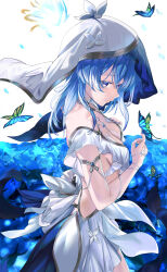 1girl absurdres blue_eyes blue_flower blue_hair blue_veil breasts bug butterfly butterfly_on_hand closed_mouth collarbone colored_eyelashes commentary cowboy_shot dress flower from_side highres insect large_breasts looking_at_viewer mosta_(lo1777789) simple_background solo standing shorekeeper_(wuthering_waves) two-tone_veil veil white_background white_dress white_veil wuthering_waves