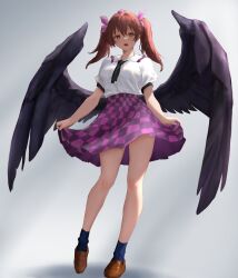 Rule 34 | 1girl, absurdres, bird wings, black skirt, black socks, black wings, breasts, brown eyes, brown footwear, brown hair, checkered clothes, checkered skirt, commentary request, full body, grey background, hair ribbon, hat, highres, himekaidou hatate, looking at viewer, medium breasts, medium hair, moriforest1040, open mouth, purple hat, purple skirt, red ribbon, ribbon, shirt, short sleeves, simple background, skirt, socks, solo, tokin hat, touhou, twintails, white shirt, wings