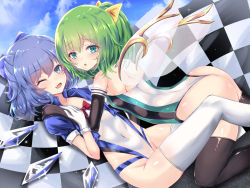 Rule 34 | 2girls, :o, ;d, aqua eyes, ass, back, bare shoulders, black gloves, black legwear, blue eyes, blue hair, blue jacket, bow, checkered flag, cirno, covered navel, cropped jacket, daiyousei, elbow gloves, flag, gloves, green hair, groin, habu rin, hair bow, highleg, highleg leotard, jacket, leotard, looking at viewer, multiple girls, one eye closed, one side up, open clothes, open jacket, open mouth, parted lips, race queen, short hair, short sleeves, smile, thighhighs, touhou, white gloves, white legwear, white leotard, wings
