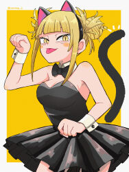 Rule 34 | 1girl, :p, absurdres, animal ears, bare shoulders, black bow, black bowtie, black dress, blonde hair, blush stickers, boku no hero academia, border, bow, bowtie, breasts, cat ears, cat tail, cleavage, detached collar, double bun, dress, fake animal ears, hair bun, hand up, highres, large breasts, medium hair, messy hair, neko manma, paw pose, pleated dress, slit pupils, solo, strapless, strapless dress, tail, toga himiko, tongue, tongue out, white border, wrist cuffs, yellow background, yellow eyes