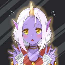 Rule 34 | 1girl, against glass, bad id, bad pixiv id, bandaged hand, bandages, blush, chobi (chan key), colored skin, horns, jewelry, league of legends, long hair, looking at viewer, necklace, open mouth, pointy ears, purple skin, single horn, solo, soraka (league of legends), white hair, yellow eyes