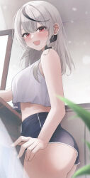 Rule 34 | 1girl, absurdres, grey hair, highres, hololive, looking at viewer, mofu07519, multicolored hair, open mouth, red eyes, sakamata chloe, shirt, shorts, smile, solo, standing, streaked hair, virtual youtuber, white shirt