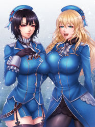 Rule 34 | 10s, 2girls, atago (kancolle), beret, black hair, blonde hair, blue eyes, breast press, breasts, garter straps, green eyes, hat, kantai collection, large breasts, light smile, lips, long hair, momoman (pink voltage), multiple girls, open mouth, pantyhose, red eyes, short hair, smile, symmetrical docking, takao (kancolle), taut clothes, thighhighs, uniform