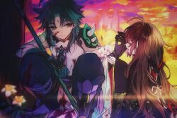 Rule 34 | 1boy, 1girl, aged down, blood, blood on clothes, blood on face, brown hair, commentary request, flower, genshin impact, green hair, highres, holding, holding flower, hoshiyui tsukino, hu tao (genshin impact), long hair, medium hair, outdoors, polearm, sitting, sunset, weapon, xiao (genshin impact), yellow eyes