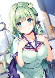 Rule 34 | 1girl, alternate costume, apron, blue eyes, blue sailor collar, blue skirt, blurry, blurry background, blush, breasts, commentary request, contemporary, dutch angle, frog hair ornament, green apron, green hair, hair ornament, hair tubes, hands up, holding, indoors, kochiya sanae, ladle, large breasts, long hair, looking at viewer, miyase mahiro, pocket, sailor collar, school uniform, serafuku, shirt, skirt, smile, snake hair ornament, solo, touhou, upper body, white shirt