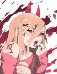 Rule 34 | 1girl, aetherion, arm tattoo, blonde hair, blood, blood splatter, breasts, chainsaw man, cleavage cutout, clothing cutout, collar, cross-shaped pupils, ear piercing, highres, horn ornament, horn ring, horns, jewelry, large breasts, lip piercing, long hair, looking at viewer, off-shoulder sweater, off shoulder, open mouth, piercing, pink sweater, power (chainsaw man), red horns, ring, sharp teeth, sleeves past wrists, solo, spike piercing, spiked collar, spikes, sweater, symbol-shaped pupils, tattoo, teeth, torn clothes, yellow eyes
