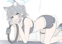 Rule 34 | 1girl, absurdres, all fours, animal ear fluff, animal ears, bare arms, black shorts, black sports bra, blue archive, blue eyes, blush, butt crack, cross hair ornament, extra ears, foot out of frame, from side, grey hair, hair ornament, halo, highres, looking at viewer, low ponytail, masabodo, medium hair, mismatched pupils, nose blush, open mouth, ring-con, shiroko (blue archive), shoes, short shorts, shorts, smile, solo, sports bra, sweat, thigh strap, wolf ears