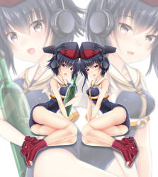 Rule 34 | 10s, 2girls, ass, asymmetrical hair, bare shoulders, baretto, baretto (firearms 1), black hair, bottle, brown eyes, framed breasts, hair between eyes, hat, headphones, i-13 (kancolle), i-14 (kancolle), kantai collection, looking at viewer, multiple girls, no socks, open mouth, toeless footwear, red footwear, sailor collar, school swimsuit, shoes, short hair, sisters, sitting, swimsuit, wine bottle, yokozuwari, zoom layer