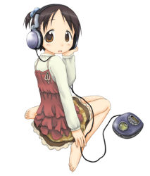 Rule 34 | 1girl, barefoot, black hair, blush, brown eyes, cd player, discman, feet, frills, hand up, headphones, ichigo mashimaro, itou chika, long sleeves, looking at viewer, looking back, lowres, open mouth, parted bangs, shirt, simple background, sitting, skirt, solo, toes, wariza, white background, white shirt