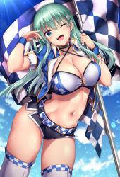 Rule 34 | 1girl, ;d, akizuki akina, aqua hair, belt, bikini, blue eyes, blue jacket, blush, breasts, buckle, checkered flag, choker, cleavage, criss-cross halter, flag, groin, hair between eyes, hair ornament, hairclip, halterneck, holding, holding flag, holding own hair, jacket, kantai collection, large breasts, long hair, looking at viewer, micro shorts, navel, one eye closed, open clothes, open jacket, open mouth, race queen, shorts, skindentation, smile, solo, stomach, suzuya (kancolle), swimsuit, thighhighs, thighs, toned