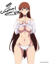 Rule 34 | 1girl, absurdres, blue eyes, blunt bangs, breasts, brown hair, cleavage, clothes lift, collarbone, cowboy shot, highres, kevcrexx, large breasts, lee joo-hee, long hair, navel, panties, shirt lift, solo, solo leveling, stomach, underwear, white background