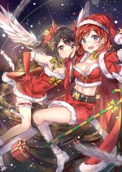 Rule 34 | &gt;:), 10s, 2girls, angel wings, asymmetrical legwear, bare shoulders, black hair, boots, box, breasts, cape, christmas, cleavage, elbow gloves, feathers, gift, gift box, gloves, highres, index finger raised, knee boots, love live!, love live! school idol festival, love live! school idol project, midriff, multiple girls, navel, nishikino maki, purple eyes, red eyes, red hair, santa costume, skirt, small breasts, twintails, uneven legwear, v-shaped eyebrows, wings, yazawa nico, yuran