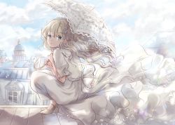 Rule 34 | 1girl, :o, architecture, blonde hair, blue eyes, blue sky, city, cloud, commentary request, day, dome, dress, hair between eyes, hair blowing, high heels, highres, holding, holding umbrella, hoshiibara mato, light particles, long hair, looking at viewer, on roof, original, parasol, petticoat, rooftop, short sleeves, sky, squatting, umbrella, very long hair, white dress, white footwear, wind, wind lift