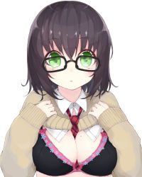 Rule 34 | 1girl, between breasts, black bra, black hair, blush, bra, breasts, cardigan, character request, cleavage, clothes lift, glasses, green eyes, highres, kou mashiro, large breasts, mole, mole on breast, necktie, necktie between breasts, open mouth, original, plaid, plaid necktie, plaid neckwear, shirt lift, short hair, simple background, solo, underwear, white background