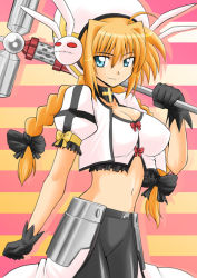 Rule 34 | 00s, 1girl, aged up, blonde hair, blue eyes, braid, breasts, gloves, graf eisen, hat, large breasts, lyrical nanoha, mahou shoujo lyrical nanoha, mahou shoujo lyrical nanoha strikers, midriff, non-web source, solo, unison (nanoha), vita (nanoha)