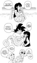 Rule 34 | 1girl, 3boys, arms under breasts, bald, beard, black hair, breasts, chi-chi (dragon ball), crossed arms, dragon ball, dragonball z, english text, facial hair, fins, fish tail, funsexydb, greyscale, highres, kuririn, large breasts, long hair, mermaid, monochrome, monster girl, multiple boys, muscular, muscular male, mustache, muten roushi, name on shirt, navel, old, old man, scales, smile, son goku, spiked hair, sunglasses, tail, topless male