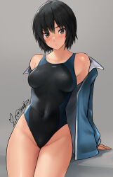 Rule 34 | 1girl, amagami, black hair, black one-piece swimsuit, blue jacket, breasts, brown eyes, competition swimsuit, covered navel, dated, grey background, highres, jacket, looking at viewer, medium breasts, nanasaki ai, one-piece swimsuit, short hair, simple background, smile, solo, swimsuit, twitter username, two-tone swimsuit, yoo tenchi