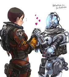 Rule 34 | 1girl, animification, blush, borrowed character, breasts, commentary, ear piercing, english commentary, from side, hair behind ear, heart, highres, holding hands, humanoid robot, kotone a, medium breasts, piercing, pilot (titanfall 2), piston, robot, science fiction, short hair, simulacrum (titanfall), slone (titanfall 2), smile, stim pilot (titanfall 2), titanfall (series), titanfall 2, yuri