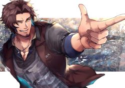 Rule 34 | 1boy, belmond banderas, black shirt, brown eyes, brown hair, brown vest, collarbone, collared shirt, commentary request, dress shirt, facial hair, finger gun, grey vest, grin, highres, long hair, long sleeves, looking at viewer, low ponytail, male focus, nijisanji, open clothes, open vest, parted bangs, ponytail, shirt, smile, solo, stubble, townoise, upper body, v-shaped eyebrows, vest, virtual youtuber