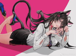 Rule 34 | 1girl, ahoge, animal ear fluff, animal ears, black footwear, black hair, blue eyes, blue nails, breasts, cat ears, cat girl, cat tail, chinese commentary, collared shirt, commentary request, deadprince, head rest, head tilt, high heels, highres, large breasts, legs up, long hair, long sleeves, looking at viewer, lying, multicolored nails, nail polish, necktie, on stomach, original, pencil skirt, pink nails, shirt, shoe dangle, skirt, solo, tail, two-tone background, very long hair, weibo watermark, white shirt