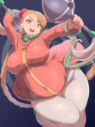 Rule 34 | 1girl, big belly, braid, breasts, brown eyes, brown hair, fat, highres, holding, holding weapon, kous (onetwojustice), large breasts, live a live, long hair, looking at viewer, open mouth, plump, shan (live a live), solo, teeth, twin braids, upper teeth only, very long hair, weapon