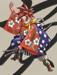 Rule 34 | 1boy, alternate costume, blue eyes, bodypaint, brown footwear, calligraphy, chrono trigger, crono (chrono trigger), facepaint, floral print, full body, grey background, grey pants, hand up, headband, highres, holding, holding sword, holding weapon, japanese clothes, katana, kimono, long sleeves, looking at viewer, male focus, multiple swords, neckerchief, orange shirt, pants, parted bangs, red hair, shirt, short hair, solo, spiked hair, sword, toriyama akira (style), weapon, white headband, wide sleeves, yellow neckerchief, yuto sakurai