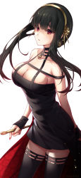 Rule 34 | 1girl, absurdres, amatsuji, bare arms, bare shoulders, black dress, black hair, black thighhighs, breasts, cleavage, collarbone, commentary request, cowboy shot, dagger, dress, from side, gold hairband, hairband, highres, holding, holding dagger, holding knife, holding weapon, knife, large breasts, long hair, looking at viewer, nail polish, open mouth, red nails, simple background, solo, spy x family, teeth, thighhighs, two-sided dress, two-sided fabric, upper teeth only, weapon, white background, yor briar, zettai ryouiki