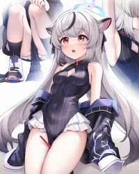Rule 34 | 1girl, absurdres, animal ears, armpits, between legs, black dress, black hair, black jacket, blue archive, blush, breasts, brown eyes, clothing cutout, dress, grey hair, highres, jacket, kokona (blue archive), long hair, looking up, mono (mono mon), multicolored hair, multiple views, open mouth, pelvic curtain, shoes, sideboob, small breasts, sneakers, squatting, streaked hair, striped clothes, striped dress, striped jacket, thighs, vertical-striped clothes, vertical-striped dress, vertical-striped jacket, white footwear