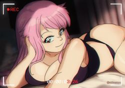 Rule 34 | 1990s (style), 1girl, akkasayu, artist name, black panties, breasts, brown eyes, cleavage, commentary, english commentary, film grain, highres, large breasts, long hair, looking at viewer, lying, on bed, on stomach, original, panties, pink hair, recording, retro artstyle, solo, underwear