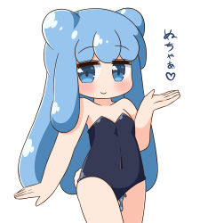 Rule 34 | 1girl, bare arms, bare shoulders, black leotard, blue eyes, blue hair, blush, bunny day, closed mouth, collarbone, covered navel, double bun, hair bun, half slime-chan, hana kazari, hand up, highres, leotard, long hair, looking at viewer, monster girl, original, playboy bunny, rabbit tail, simple background, slime (substance), slime girl, smile, solo, strapless, strapless leotard, tail, translation request, very long hair, white background