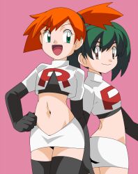 Rule 34 | 2girls, asymmetrical hair, bandana, black gloves, blush, breasts, brown eyes, closed mouth, clothes writing, collar, cosplay, creatures (company), duplica (pokemon), elbow gloves, frown, game freak, gloves, green eyes, green hair, gym leader, hainchu, hair bun, hair ornament, hand on own hip, happy, jessie (pokemon) (cosplay), long hair, looking at viewer, midriff, miniskirt, misty (pokemon), mound of venus, multiple girls, navel, nintendo, orange hair, poke ball, pokemon, pokemon (anime), pokemon (classic anime), ponytail, puffy sleeves, short hair, short sleeves, side ponytail, simple background, single hair bun, skirt, small breasts, smile, stomach, team rocket, team rocket (cosplay), team rocket uniform, thighhighs, tongue, tongue out