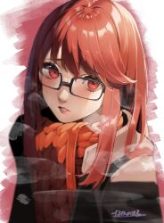 Rule 34 | 1girl, absurdres, black-framed eyewear, blush, commentary, glasses, hair down, heavy breathing, highres, jacket, long hair, long sleeves, looking at viewer, nakano maru, official alternate costume, official alternate hairstyle, open mouth, parted lips, persona, persona 5, persona 5 the royal, red eyes, red hair, red scarf, scarf, solo, sweat, yoshizawa sumire