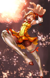Rule 34 | 10s, 1girl, action, arm up, bike shorts, bike shorts under skirt, boots, bow, bowtie, brooch, brown shorts, cure sunny, fire, grey background, hair bun, highres, hino akane (smile precure!), jewelry, jumping, magical girl, open mouth, orange eyes, orange hair, orange skirt, orange theme, perspective, precure, short hair, shorts, shorts under skirt, single hair bun, skirt, smile precure!, solo, spiking, thigh boots, thighhighs, tiara, under-siege, white thighhighs