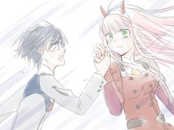Rule 34 | 10s, 1boy, 1girl, bearlabel ka, black hair, blue eyes, couple, crying, crying with eyes open, darling in the franxx, green eyes, holding hands, hiro (darling in the franxx), horns, long hair, looking at another, military, military uniform, necktie, oni horns, orange neckwear, pink hair, short hair, tears, uniform, zero two (darling in the franxx)