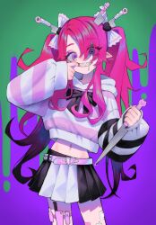 Rule 34 | 1girl, absurdres, bandages, barbell piercing, belt, black bow, bow, cowboy shot, crazy, crazy eyes, crazy smile, crop top, crop top overhang, cropped hoodie, drooling, glint, hair bow, heart, highres, holding, holding knife, hood, hoodie, knife, knife in head, long hair, long sleeves, looking at viewer, midriff, miniskirt, mouth pull, navel, navel piercing, nelta rene, object through head, original, piercing, pink hair, pleated skirt, pointy ears, purple eyes, sharp teeth, skirt, smile, solo, striped clothes, striped hoodie, teeth, twintails, very long hair