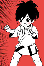 Rule 34 | 1girl, :o, alternate costume, alternate hair length, alternate hairstyle, commentary request, dougi, emphasis lines, fighting stance, highres, hitori bocchi, hitoribocchi no marumaru seikatsu, judo, katsuwo (cr66g), long sleeves, looking to the side, open mouth, partially colored, red background, short hair, simple background, solo, split mouth, standing