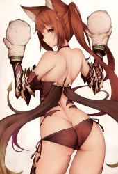 Rule 34 | 10s, 1girl, animal ears, armor, ass, back, bad id, bad twitter id, bare shoulders, bikini armor, butt crack, cerberus (shingeki no bahamut), contrapposto, dog ears, from behind, hand puppet, long hair, looking back, puppet, red armor, red eyes, red hair, shingeki no bahamut, simple background, snm (sunimi), solo, standing, tattoo, twintails