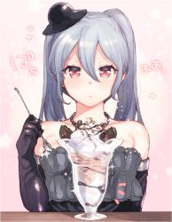Rule 34 | 1girl, arm at side, bare shoulders, bead necklace, beads, black dress, black gloves, black hat, blush, chocolate syrup, collarbone, cookie, desert, dessert, dress, elbow gloves, eno yukimi, food, frilled dress, frills, gloves, granblue fantasy, grey hair, hair between eyes, hat, holding, holding spoon, ice cream, jewelry, long hair, looking at viewer, mini hat, necklace, orchis, oreo, parted lips, pink background, pink eyes, sidelocks, solo, sparkle background, spoon, star (symbol), starry background, strapless, strapless dress, twintails, upper body