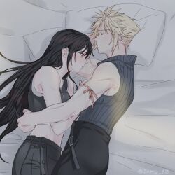 Rule 34 | 1boy, 1girl, apron, arm pillow, arm ribbon, bare shoulders, bed sheet, black apron, black hair, black shorts, black vest, blonde hair, closed eyes, closed mouth, cloud strife, commentary, couple, crop top, cuddling, damso, final fantasy, final fantasy vii, final fantasy vii advent children, from side, high collar, highres, hug, light blush, long hair, lying, midriff, navel, on side, pillow, profile, red eyes, red ribbon, ribbed shirt, ribbon, shirt, short hair, shorts, sleeping, sleeveless, sleeveless shirt, spiked hair, tank top, tifa lockhart, twitter username, vest, waist apron, white tank top
