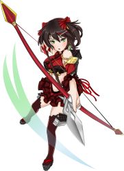 Rule 34 | 1girl, aiming, arrow (projectile), artist request, bare shoulders, black hair, bow (weapon), breasts, detached sleeves, drawing bow, earrings, frilled shirt collar, frilled skirt, frills, full body, green eyes, holding, holding arrow, holding bow (weapon), holding weapon, jewelry, large breasts, looking at viewer, midriff, miniskirt, nabegama (oshiro project), navel, official art, open mouth, oshiro project:re, oshiro project:re, outstretched arm, short hair, skirt, solo, thighhighs, transparent background, weapon